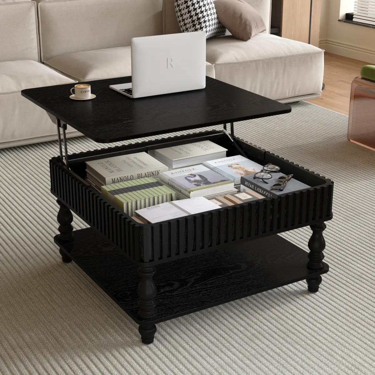 31.5-Inch Square Fluted Lift-Top Coffee Table - Compact, Convertible, Hydraulic, Mid-Size, Hidden & Open Storage, Retro Solid Wood Legs - for Living Room Sofa (Black) by Summerwins, Compact Coffee Tables, Convertible Coffee Tables campingessentials