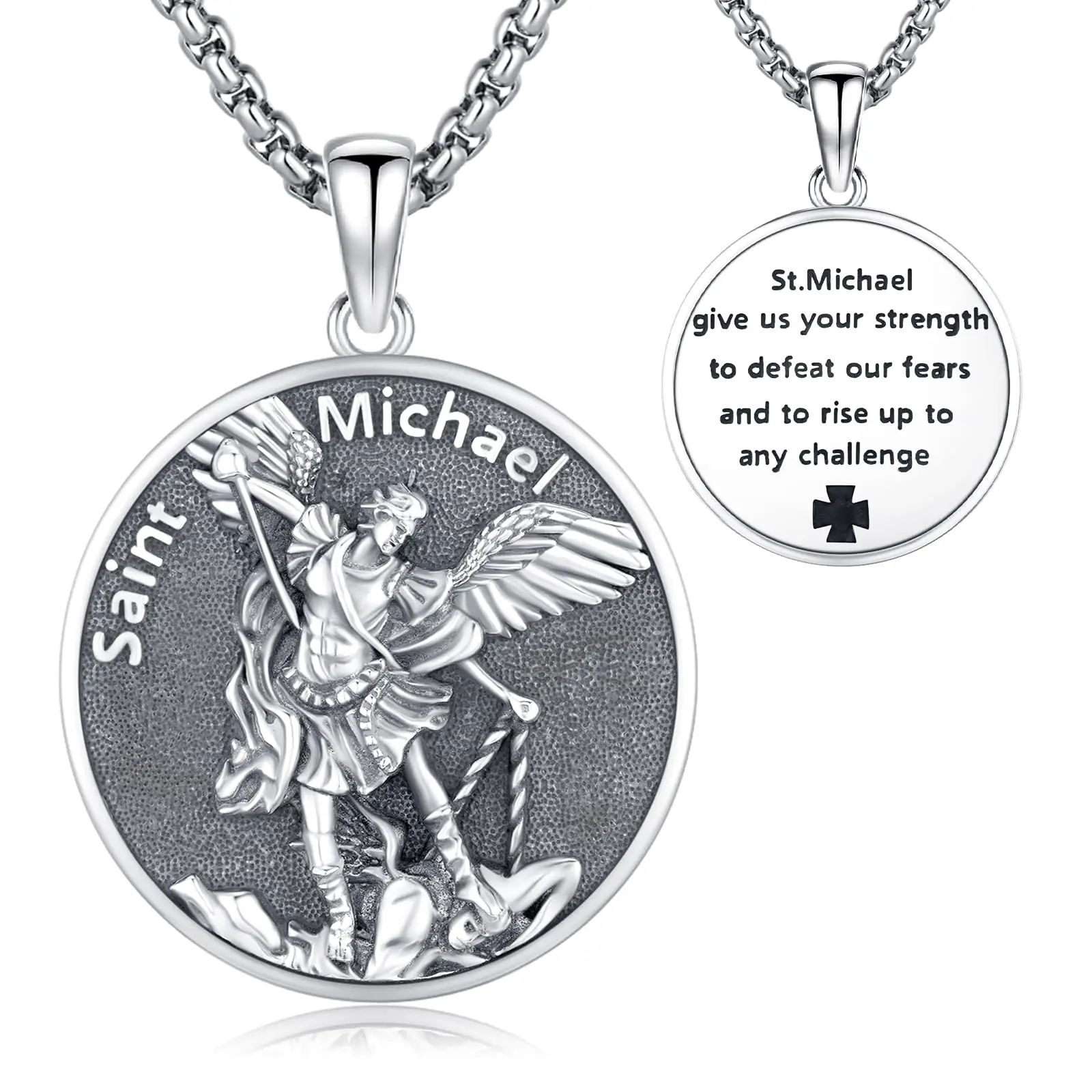 DRINSPER 925 Sterling Silver Saint Michael Archangel Protection Faith Pendant Necklace, Unisex Catholic Amulet, Casual Daily Jewelry Gift, Retro, Spiritual Jewelry, Adults, With Box, 22"+2" Box Chain, Hypoallergenic, Lead-Free
