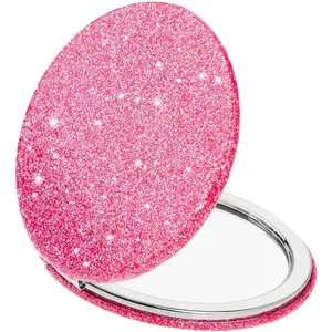 Cute Pink Compact Mirror for Women,Small Magnifying Travel Mirror with Glitter,Portable 2 x 1x Magnification Folding Pocket Makeup Mirror Cosmetic Mirror for Gift Travel Essentials