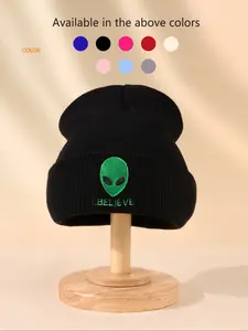 Alien Embroidery Beanie, Unisex Winter Hat, Fitted Casual Style, Fall & Winter Outdoor Knit Caps for Men & Women