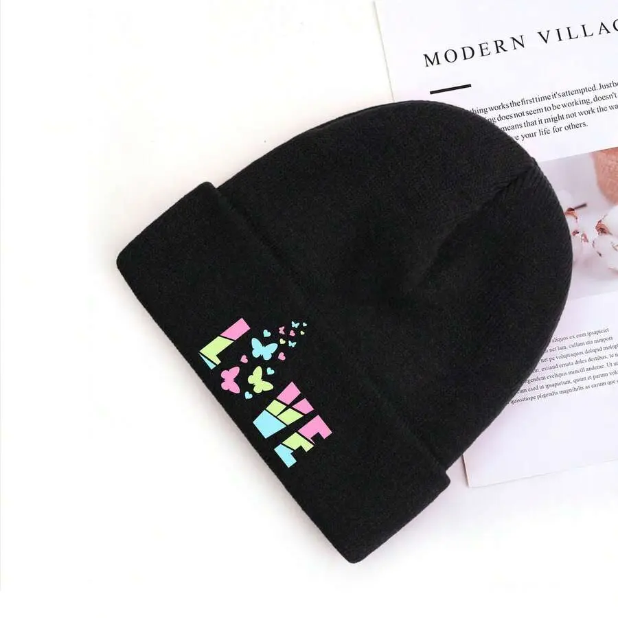 Casual Acrylic Knit Beanie with 'Butterfly In Love' Text, Unisex Winter Hat for Everyday Wear, Warm, Breathable, and Elastic Stretch, Butterfly In Love Text Printed, Stretchable, Cold Wash