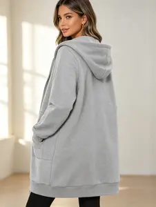 Women's Buttery Soft Longline Full Zip Up Hooded Sweatshirt, Oversized Relaxed Fit Mid-Length Casual Layering Jacket with Roomy Front Kangaroo Pockets, Cozy Brushed Knit Non-Pilling Outerwear for Fall Winter Daily Commute, Loungewear, Office Casual