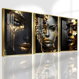 3 Count Aluminum Alloy Frame Canvas, Fashion Poster, Golden Abstract Woman Face Art, Modern Living Room Decoration, Light Luxury Family Art, Suitable For Bedroom, Corridor And Office Wall Decor, Gift