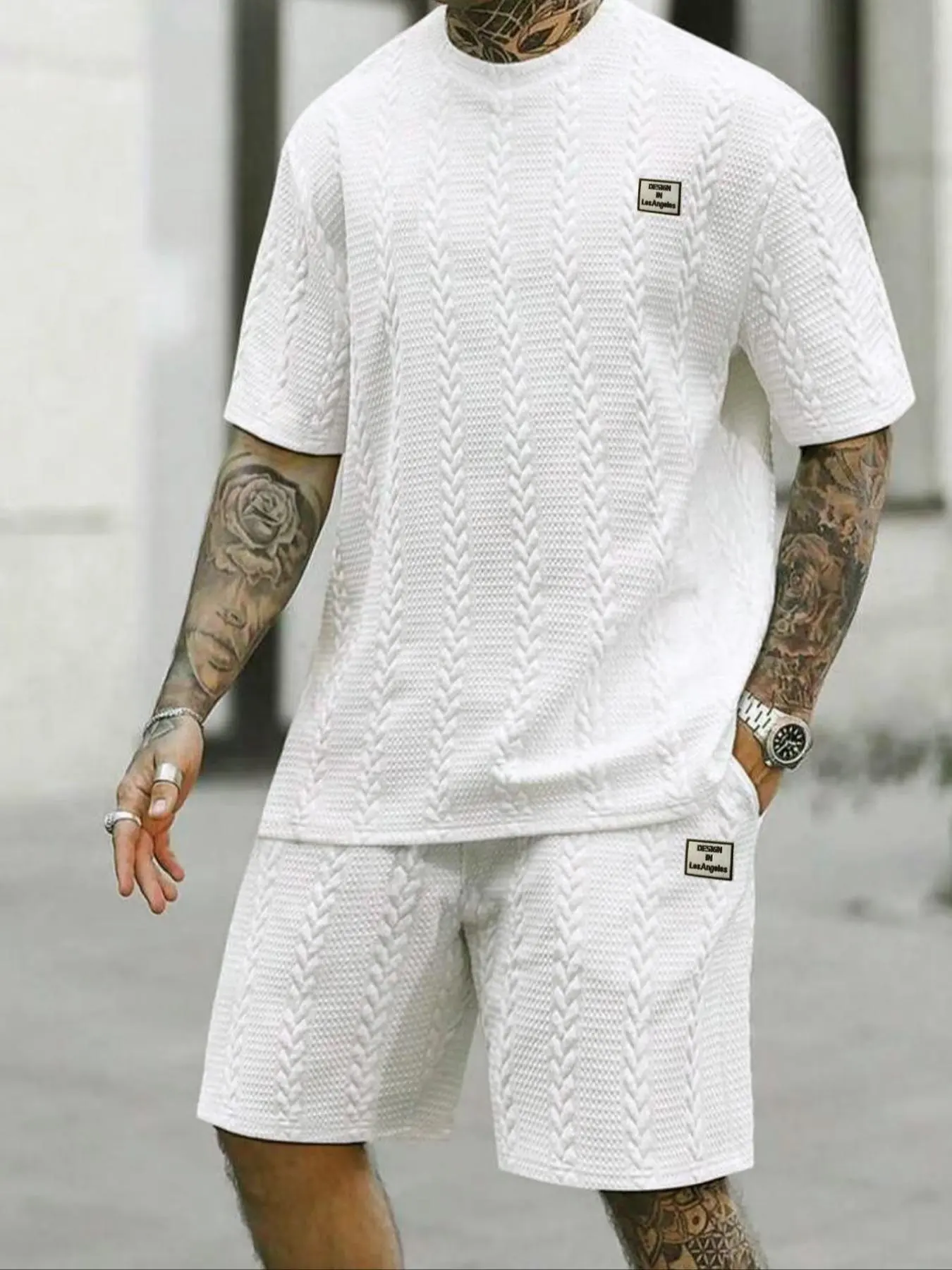 Men's 2-Piece Menswear Sports Clothes Set - Round Neck Short-Sleeve Solid Textured Patchwork T-Shirt with Embroidery, Drawstring Waistband Pocket Shorts, Regular Fit Summer Casual Outfit
