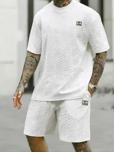 Men's solid textured patchwork T-shirt with a drawstring waistband shorts set, regular fit casual crew neck short sleeve T-shirt with pockets shorts, men's summer outfit, menswear