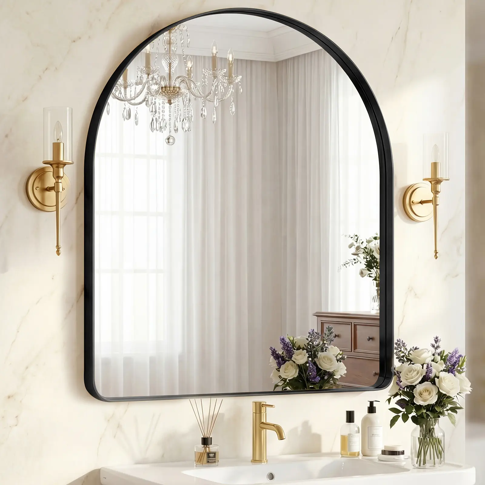 Sweetcrispy Luxury Arched Bathroom Mirror - High-Clarity Shatterproof Tempered Glass Mirror with Metal Deep Frame, Hanging or Leaning Design, Styrofoam Pack for Living Room, Dresser, Mirrors