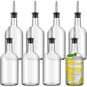 8 Pcs 17oz Glass Long Neck Bottles Glass Pour Liquor Bottles Bar Juice Syrup Bottle with Pourer & Caps Tapered Spout for Liquor Wine Juice Snowcone Syrup