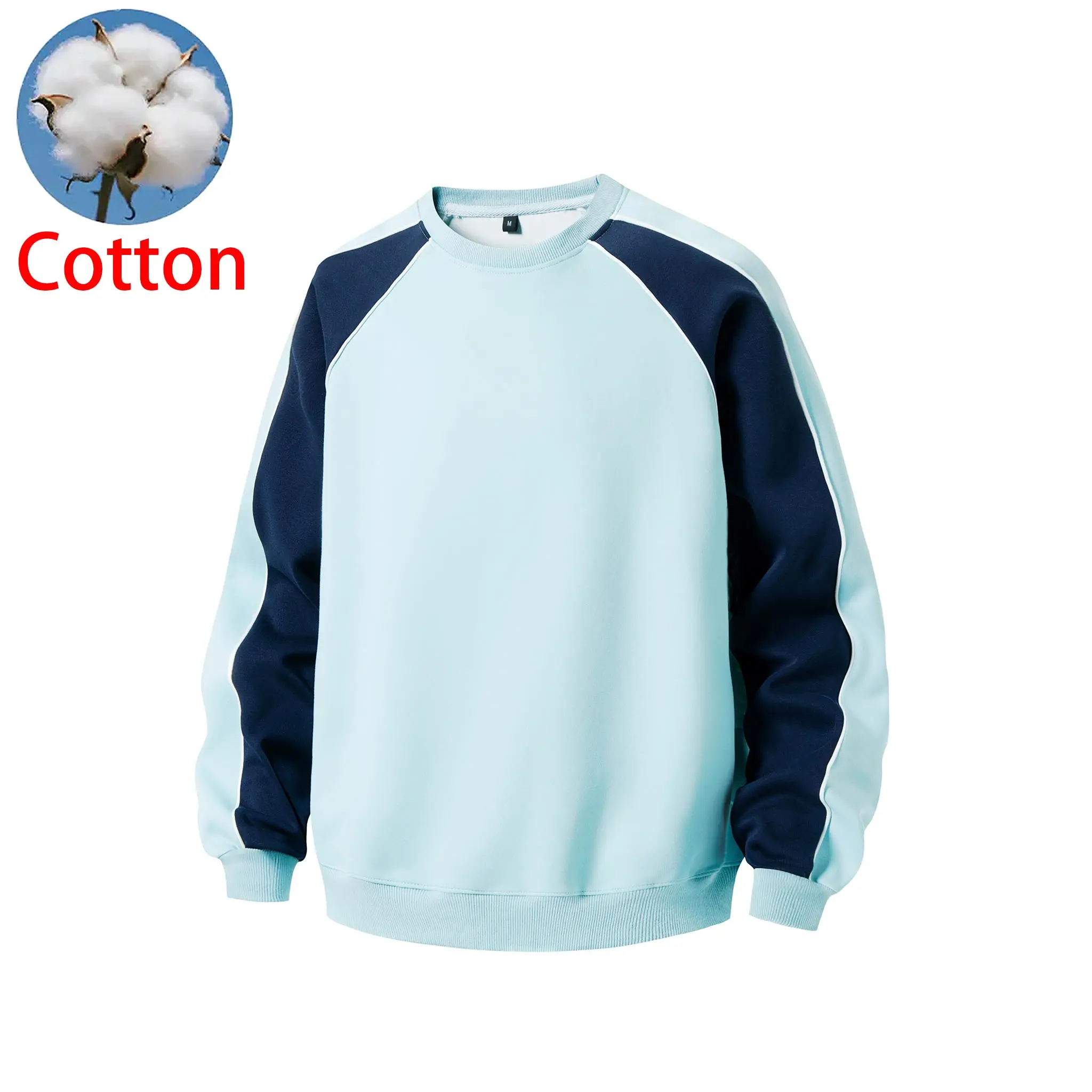 Cotton men’s sweatshirt, stylish versatile crewneck long-sleeve T-shirt, drop-shoulder colorblock pullover with sleeves, loose casual everyday menswear top