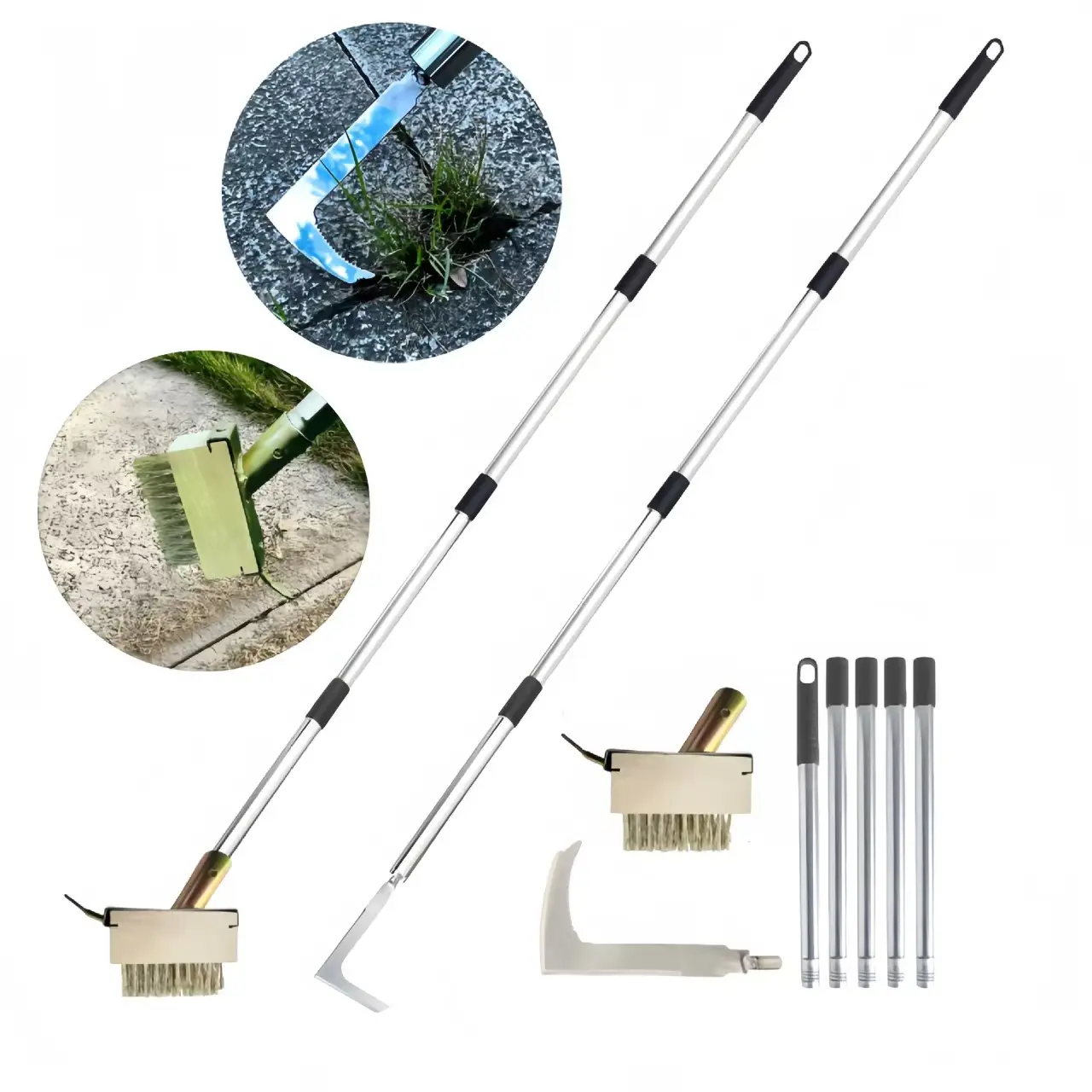 2-in-1 Crack Weeder, Telescopic Stainless Steel Weed Puller Moss Remover | 2 swapable steel heads, rustproof steel, extendable handle clears weeds & moss from patio driveway gaps