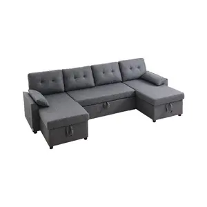 summervibes U-Shaped Sectional Modular Recliner Sofa Bed, 6-Seat Pull-Out Sleeper Couch with Easy Assembly, 2 Storage Pockets, 2 Pillows, Double Chaise, Large Storage, Metal Frame, Gray for Living Room, Apartment, Sectional Sofa Couch, Modular Sofa Sectio