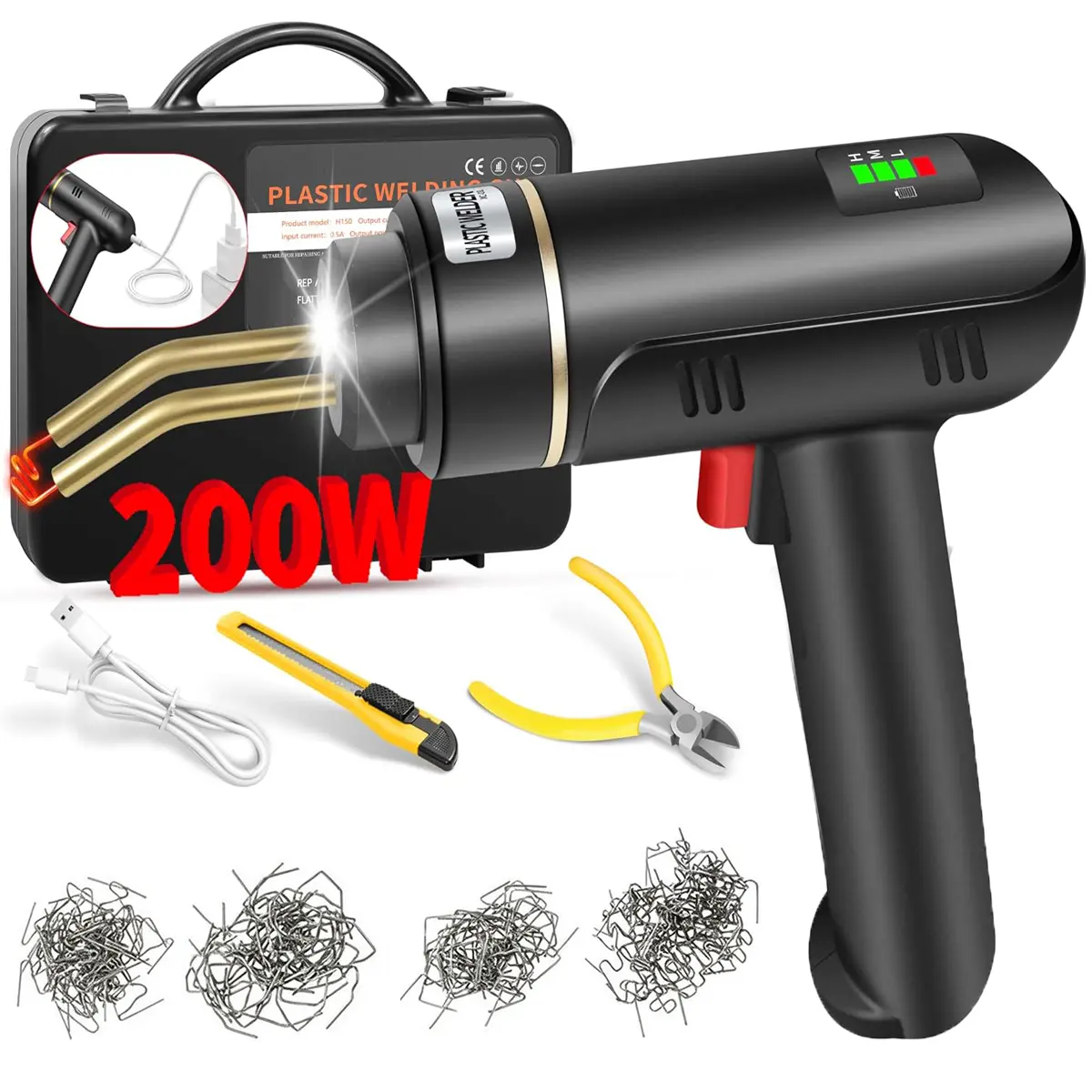 200W Cordless Plastic Welder,Plastic Welding Kit with 200PCS Hot Stapler Black,USB Rechargeable Plastic Welder Gun with 5000mAh Battery,Plastic Weld Bumper Repair Kit for Most Plastic Repair