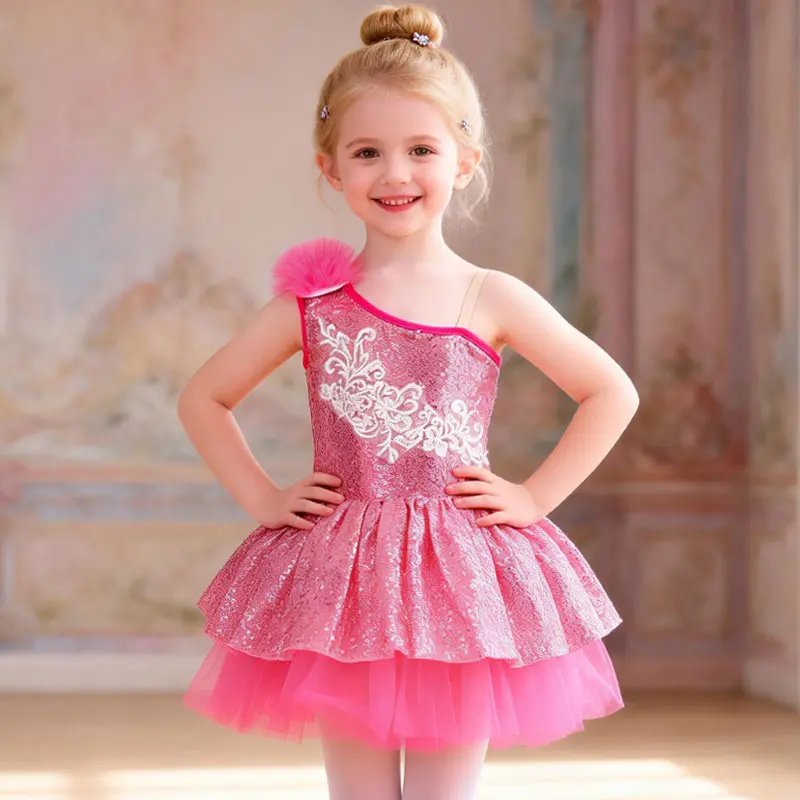 Girls' All-Seasons Pink Sequin 1-Shoulder Ballet Tutu Dress, Sparkle Dance Costume for Stage Shows & Parties