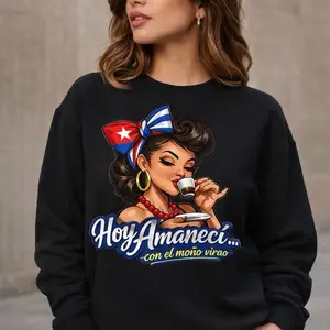 Hoy Amaneci con el Mono Virao Women's Black Sweatshirt with Cuban Flag Design and Coffee Graphic