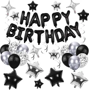 56 PCS Happy Birthday Balloons Set Black Silver for Boys Girls 16th 18th 21st 30th 40th 50th 60th Milestone Party Decorations Latex Star Balloons Hanging Swirls
