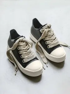 Parent-Child Black-Gray Color-Block Wide-Lace Platform Canvas Shoes, Retro Casual Style, Canvas Material + Platform Non-Slip Sole + Wide-Lace Decor, Parent-Child Compatible, Retro Versatile , Ideal for Daily Outfits & Parent-Child Leisure Outings, Sneaker