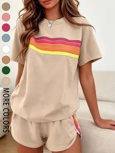 Two-piece Women's Fashion Casual Sportswear Set, Athleisure Activewear Set, Sporty Comfy Breathable Womenswear, Rainbow Striped Design, Perfect for Summer Vacations, Indoor and Outdoor Wear
