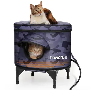 Pawcrux Outdoor Warm Heating Cat House, with High-Quality Heating Pad, Waterproof, Indestructible, High Load-Bearing, in Black Camouflage, One-Way Escape Door, with Ground Nails, Ideal for Barn Cats, Courtyard Cats and Outdoor Cats