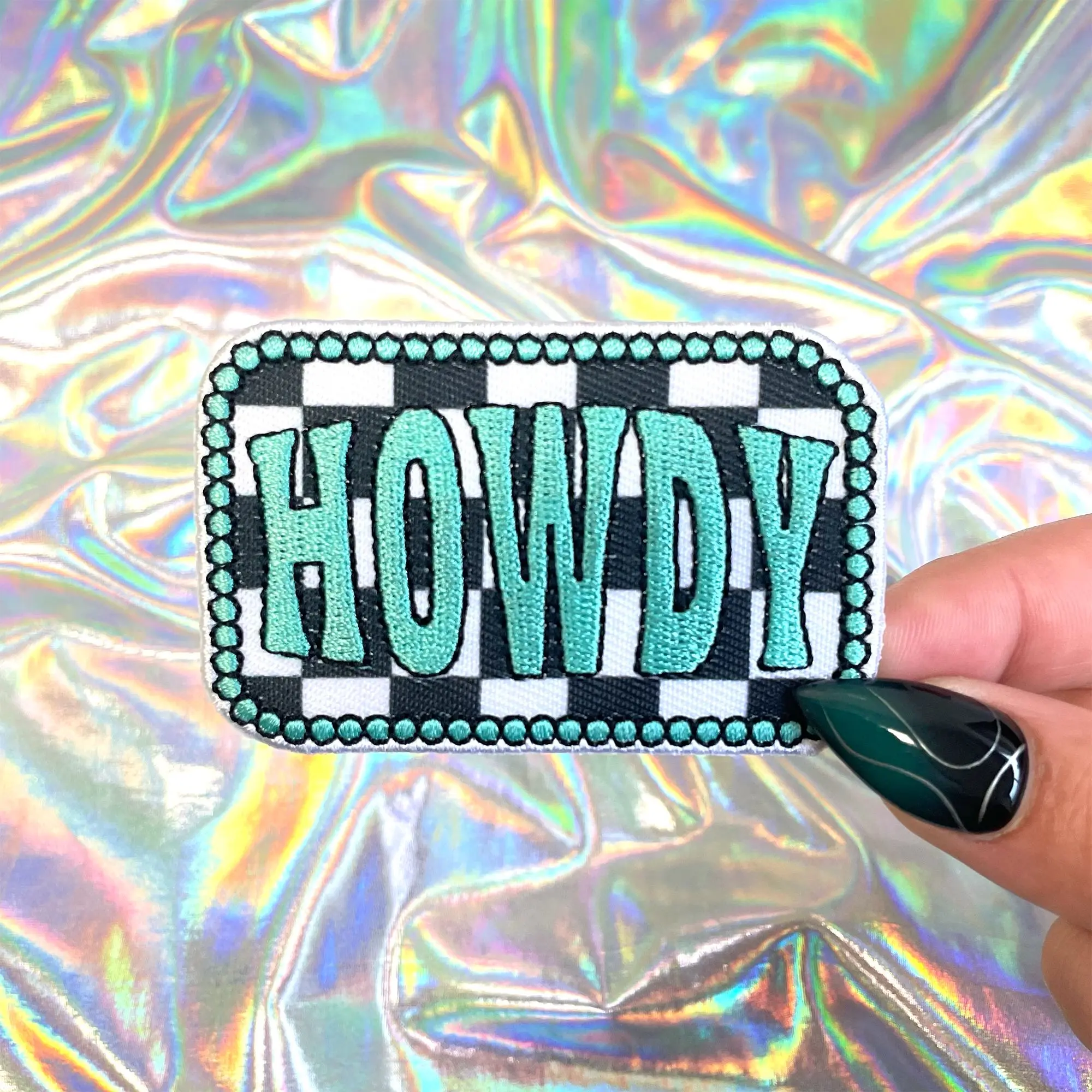 Turquoise Checkered Howdy Iron On Patch