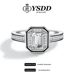 【#390】Refined 1ct Bezel Set Emerald Cut vvs Synthetic Moissanite Engagement Rings in 925 Sterling Silver