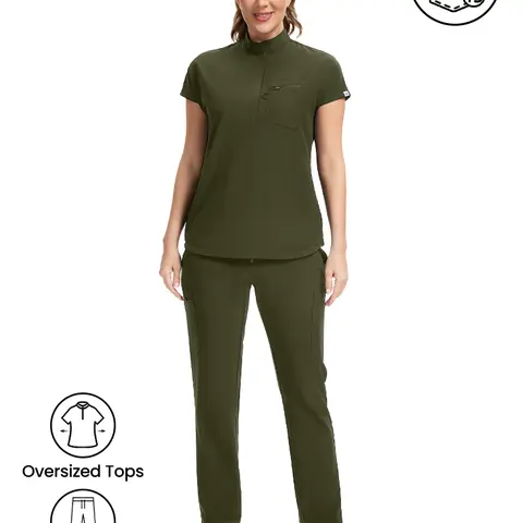 KITMAZ Women's Scrubs Sets - 13 Pockets, Oversized Mandarin Collar Top & Straight Pants, 4-Way Stretch, Wrinkle Resistant