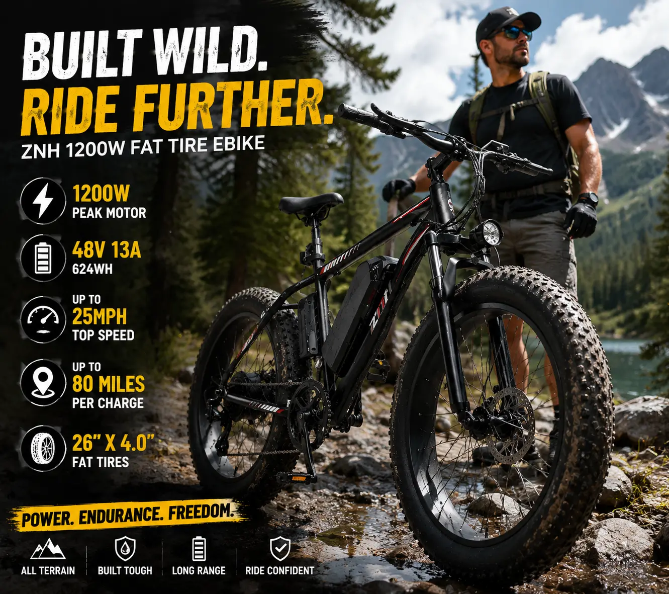 ZNH Adult 750W Peak Motor Fat Tire Electric Bike, 26" All-Terrain Ebike with Up to 50 Mi Range for Snow,    Powerful Fat Tire Electric BikeTrail & Mountain Riding