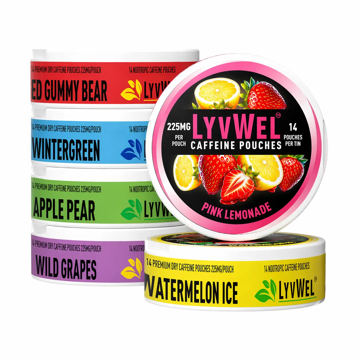 LyvWel 225mg per Caffeine Pouch, 14 pouches per can 5 or 6 packs Upper Energy Deckys Guarana Zero Sugar, Energy Boost, Natural, Energy Supplement