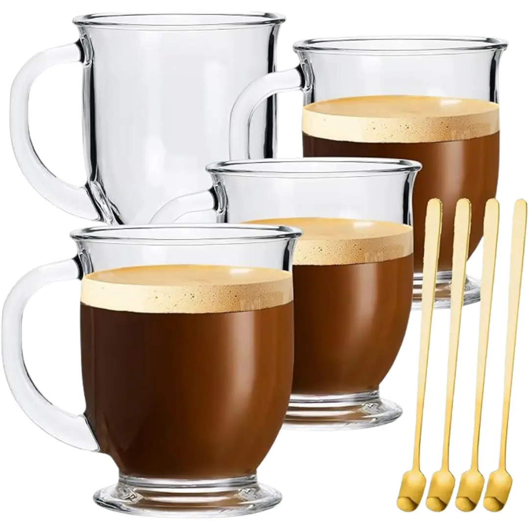 Glass Coffee Mugs 4-Pack, 15 Oz Large Clear Mugs with Handles for Hot & Cold Drinks, Perfect for Coffee, Tea, Latte, Cappuccino, Cup Drinkware Tumbler