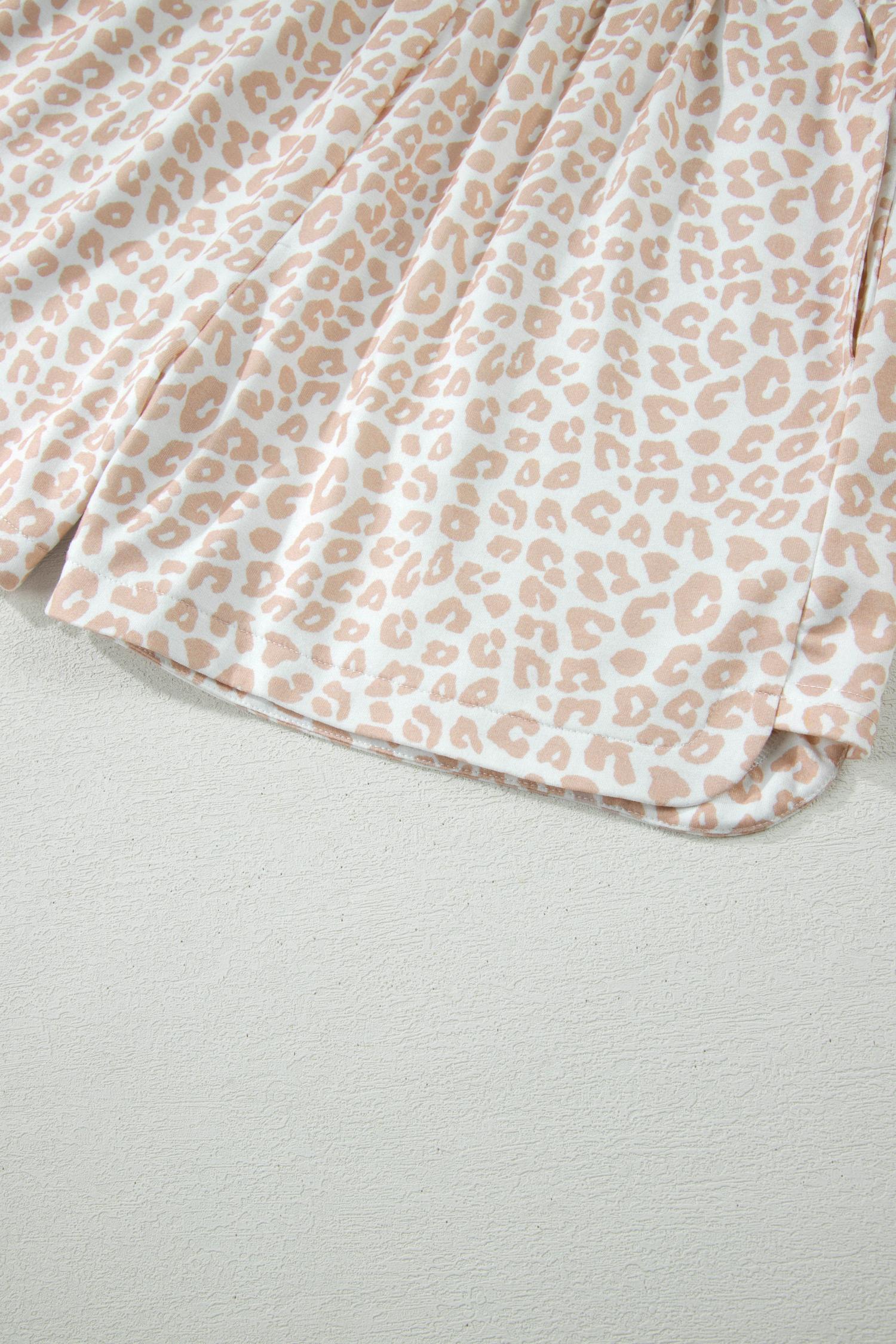 Women's Beige Leopard Zip Polo Top 2pcs Short Set, Casual Everyday Flowy Loungewear Sets for Women, Cute Preppy Ruffle Sleeve Two Piece Outfits, Chic Boho Summer Matching Suits, Athletic Aesthetic Pajamas Apparel