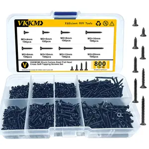 VKKM 800PCS 8 Sizes M2 Micro Flat Head Cross Self Tapping Screws Assortment Kit, Black Carbon Steel Tiny Fasteners, Mini Hardware for Phone, Watch, Computer, Glasses, Toy & Electronics Repair DIY Projects