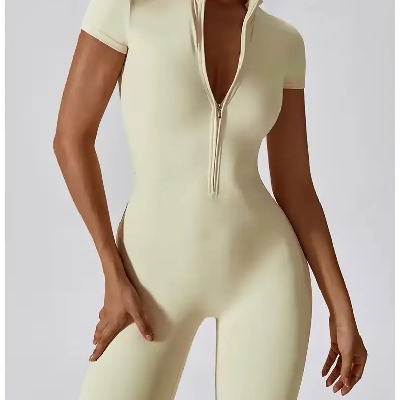 Yoga Set Women's Jumpsuits One-Piece Suit with Zipper Short Sleeve, Fitness Bodysuit, and Tracksuit for Workout