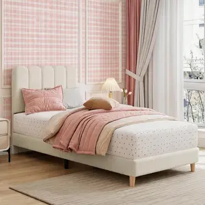 Garvee Upholstered Twin Platform Bed – Boucle Fabric with Cute Wave Headboard, Wooden Slats Support, Noise-Free, No Box Spring Needed, for Kids, Girls & Boys, Beige