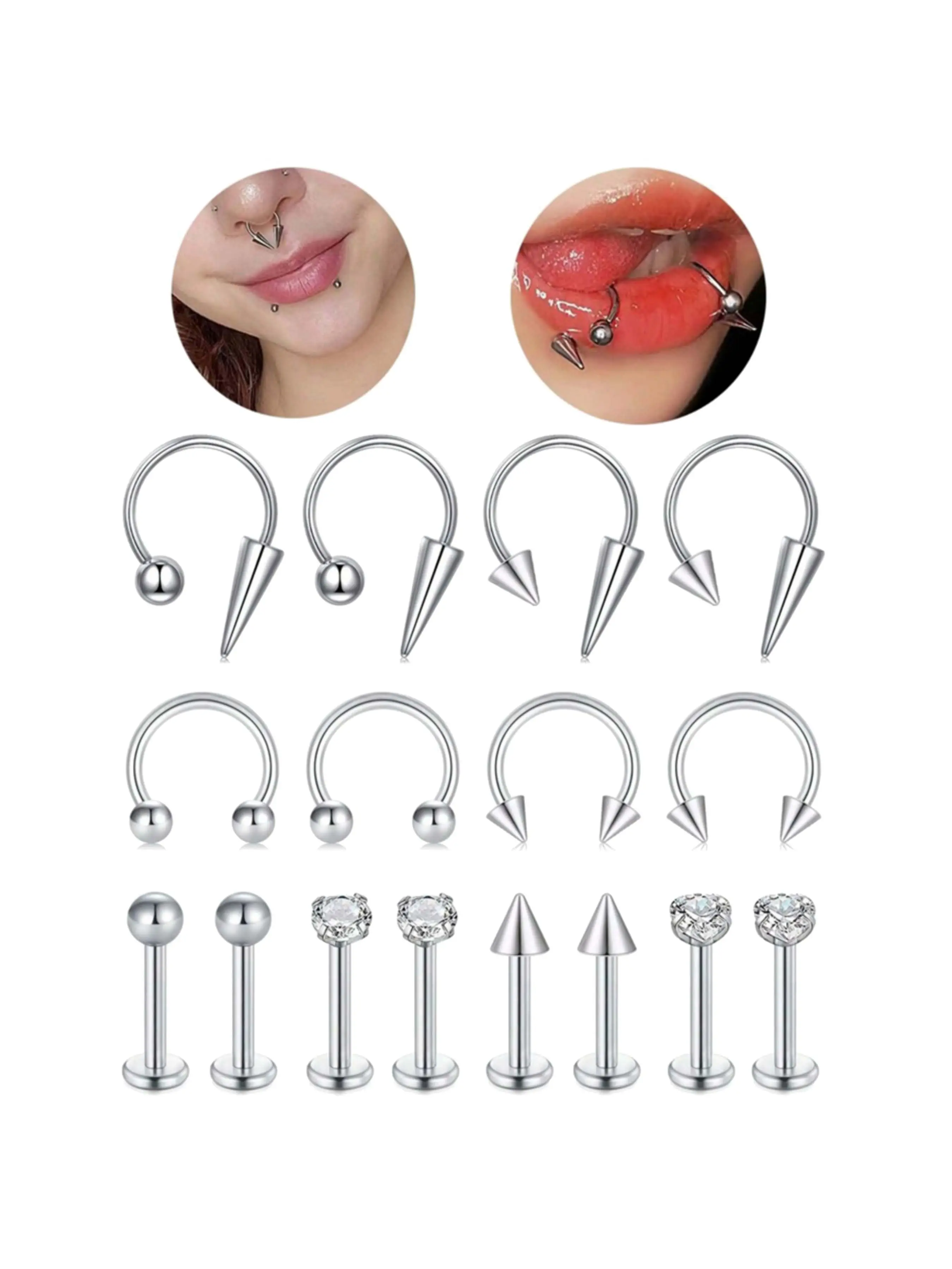 16G Horseshoe Lip Rings Internal Thread Lip Studs Medusa Piercing Labret Jewelry Spike Snake Stainless Steel Septum Rings Piercings Jewelry