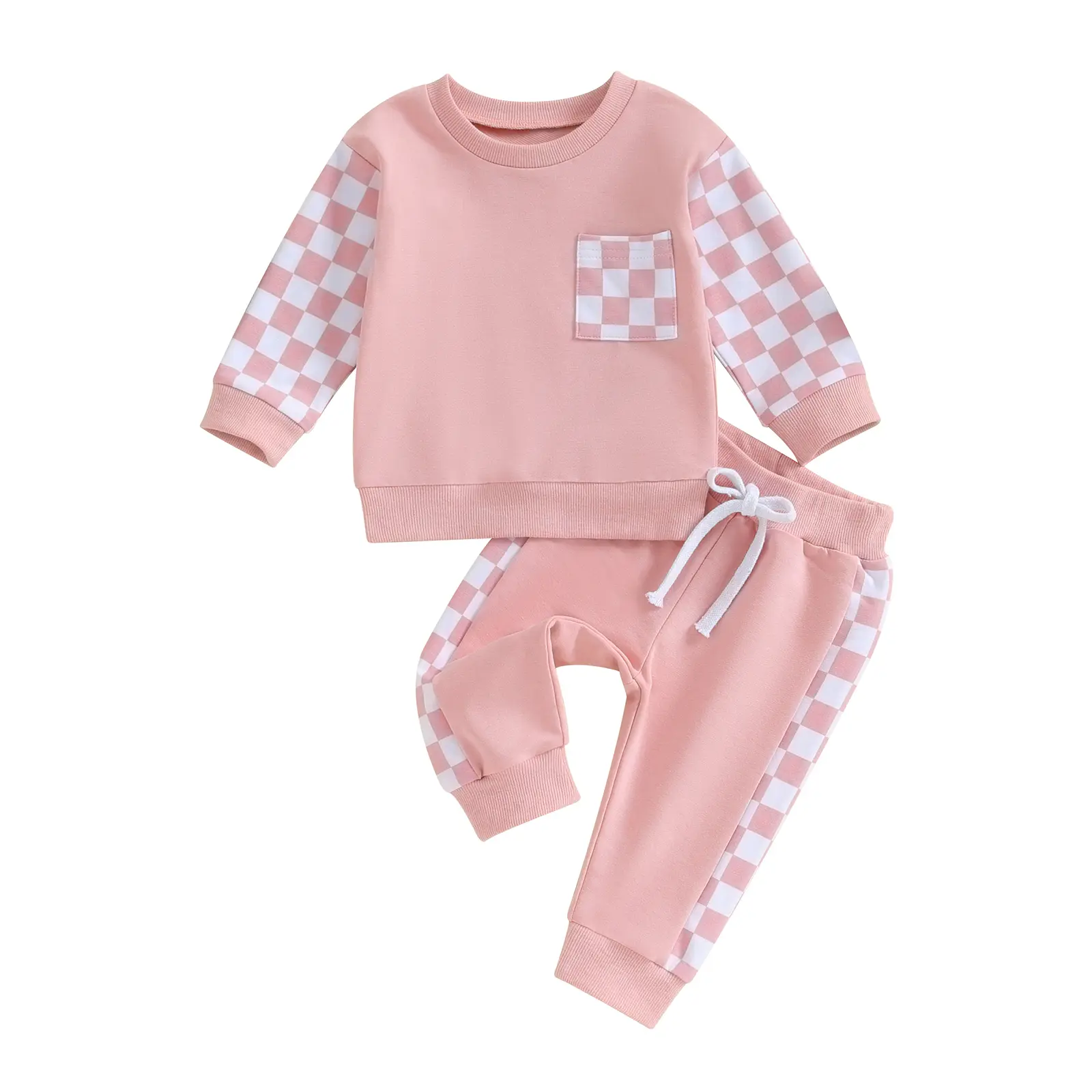 Toddler Baby Girl Fall Winter Clothes Set Checkered Print Pullover Sweatshirt Pants Trousers Outfits Tracksuit