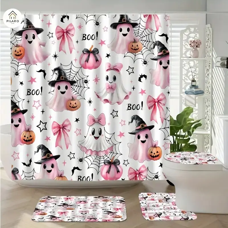 4pcs pink cute ghost design, exquisite shower curtain set, non-slip floor mat, U-shaped carpet, toilet cover, perfect for bathroom decoration, partition, beautify the space, 12 shower curtain hooks are given