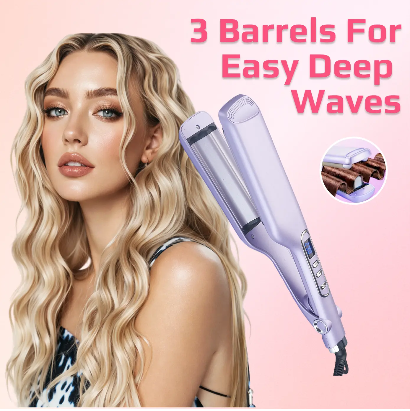 3-Barrel Ceramic Curling Iron Beachy Waver - Hair Styling Tool with Adjustable Temperature, Dual Voltage, Negative Ions, Fast Heating, Anti-Scald Tip, Safety Stand, Volumizing Big S Loose Boho Waves, Ceramic Glaze, Ceramic Curling Irons