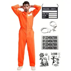5 classic prisoner costume sets - Orange jumpsuit with police identification tag, cuffs, etc. - Durable polyester fiber, machine washable for role-playing and Halloween performances, Halloween costume beige men's cover up set in orange red solid color