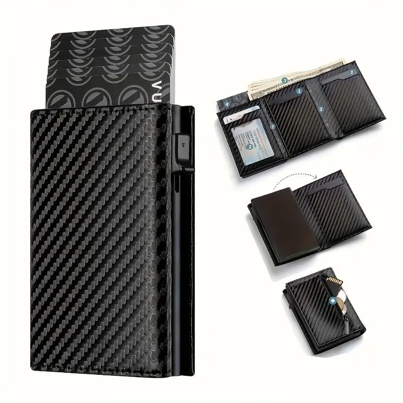 Men’s Carbon Fiber Wallet with Zipper Coin Purse, Automatic Eject Metal Credit Card Holder, RFID Blocking Minimalist Business Wallet - Sleek Durable Design, ID Window, Cash Compartment, Ideal for Work & Travel (Everyday Carry), Men's Wallet summervibes,su