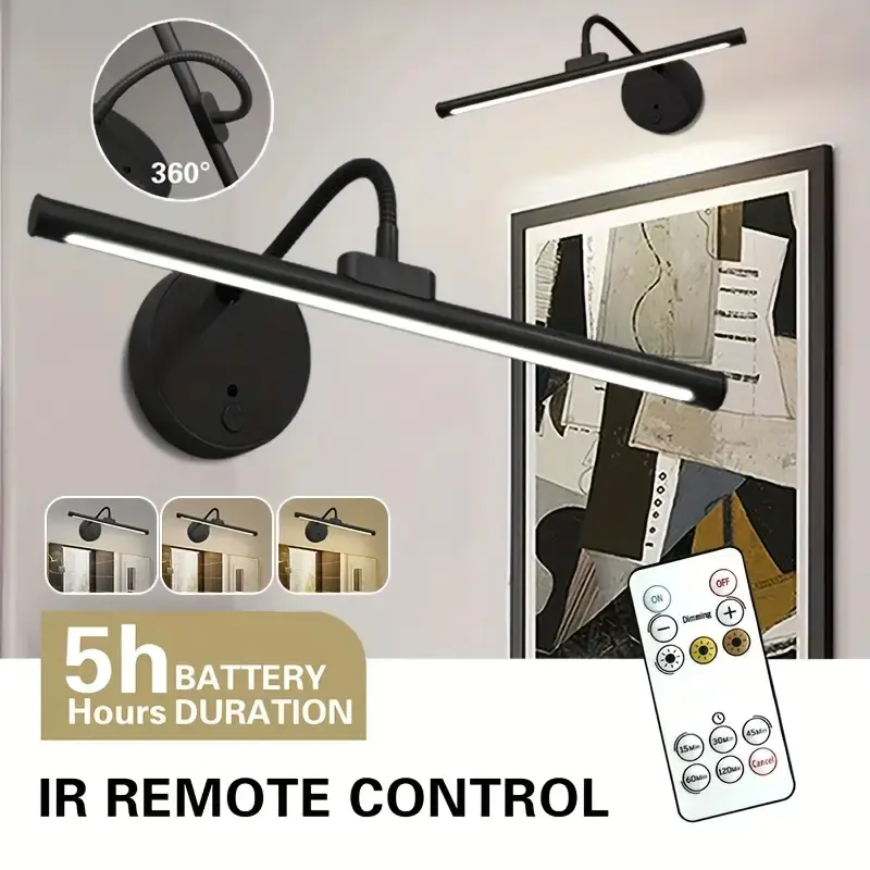 1pc Adjustable Dimmable Picture Light with Remote Control and Timer, Gold, USB Rechargeable Wall Light, Indoor Lighting, Home Decoration Lamp for Gallery Art, Paintings, Portraits, Decorative Lamps