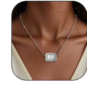 Women's Meraki Vintage Silver Matching Jewelry Set - Personalized Initial Necklaces, Adjustable Chain Western Belt Buckle Bracelet, Cowgirl Style Gift