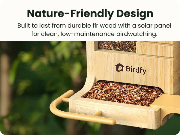Birdfy Smart Bird Feeder with Camera Solar Powered, Night Insight & Slow-Motion Video for Outdoors & Backyard Birds Watching, AI Identify 6000+ Species , Wood