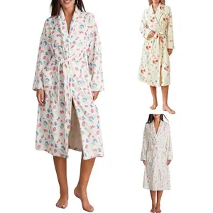 Women’s flannel robe for morning wear, featuring flower and fruit prints; comfortable plush shawl collar; Y2K wool bathrobe; warm robe for hotel/spa/party; kimono-style design with belt; cute flannel robe; GARMENTARY