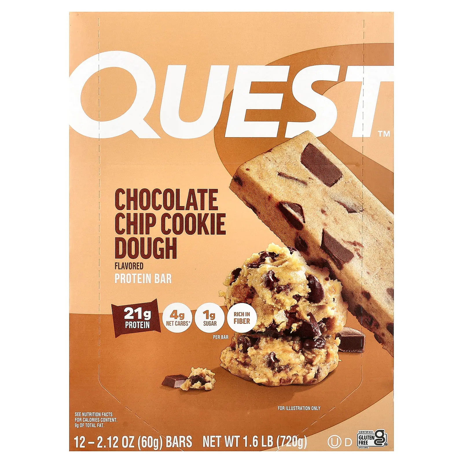 Quest Nutrition Protein Bar, Chocolate Chip Cookie Dough, 12 Bars, 2.12 oz (60 g) Each