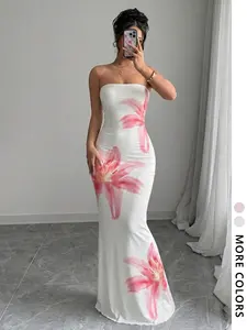 Women's Floral Halter Long Dress, Elegant Bodycon Party Gown, Sexy Summer Wedding Guest, Tropical Beach Holiday Vest Dress