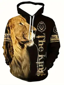 Men's Lion Face Graphic Hoodie, Long Sleeve Fitted Pullover with Drawstring Hat, Knitted Polyester for Winter, Gym & Streetwear Casual Style