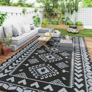 Lightweight foldable black gray rhombus patchwork mat easy clean for RV camping lawn garden outdoor relaxation
