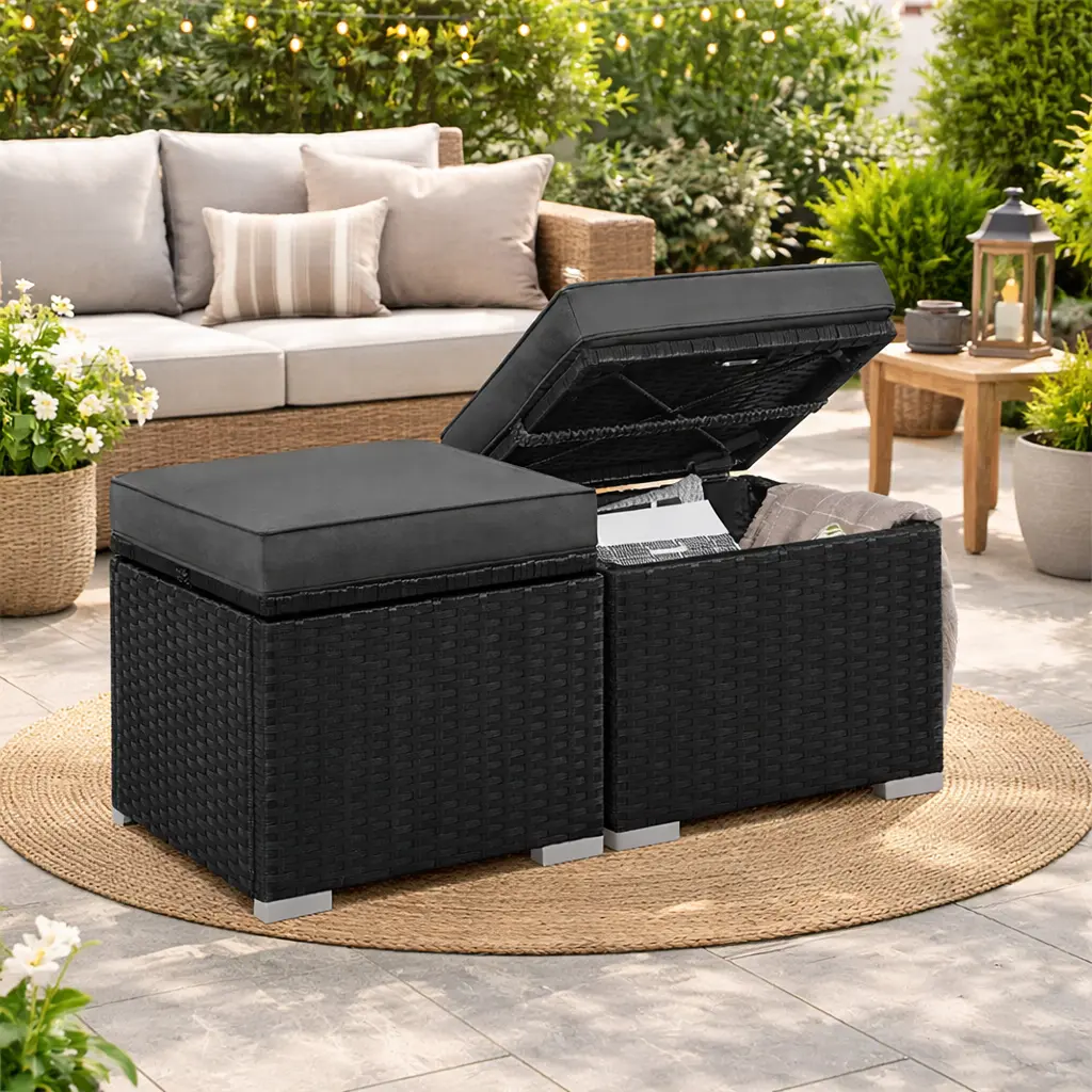 【Set of 2】Yaheetech Wicker Ottomans with Hidden Storage, Outdoor/Indoor Footstools, Patio PE Rattan Side Tables Additional Seating with Cushion for Deck, Porch, Garden