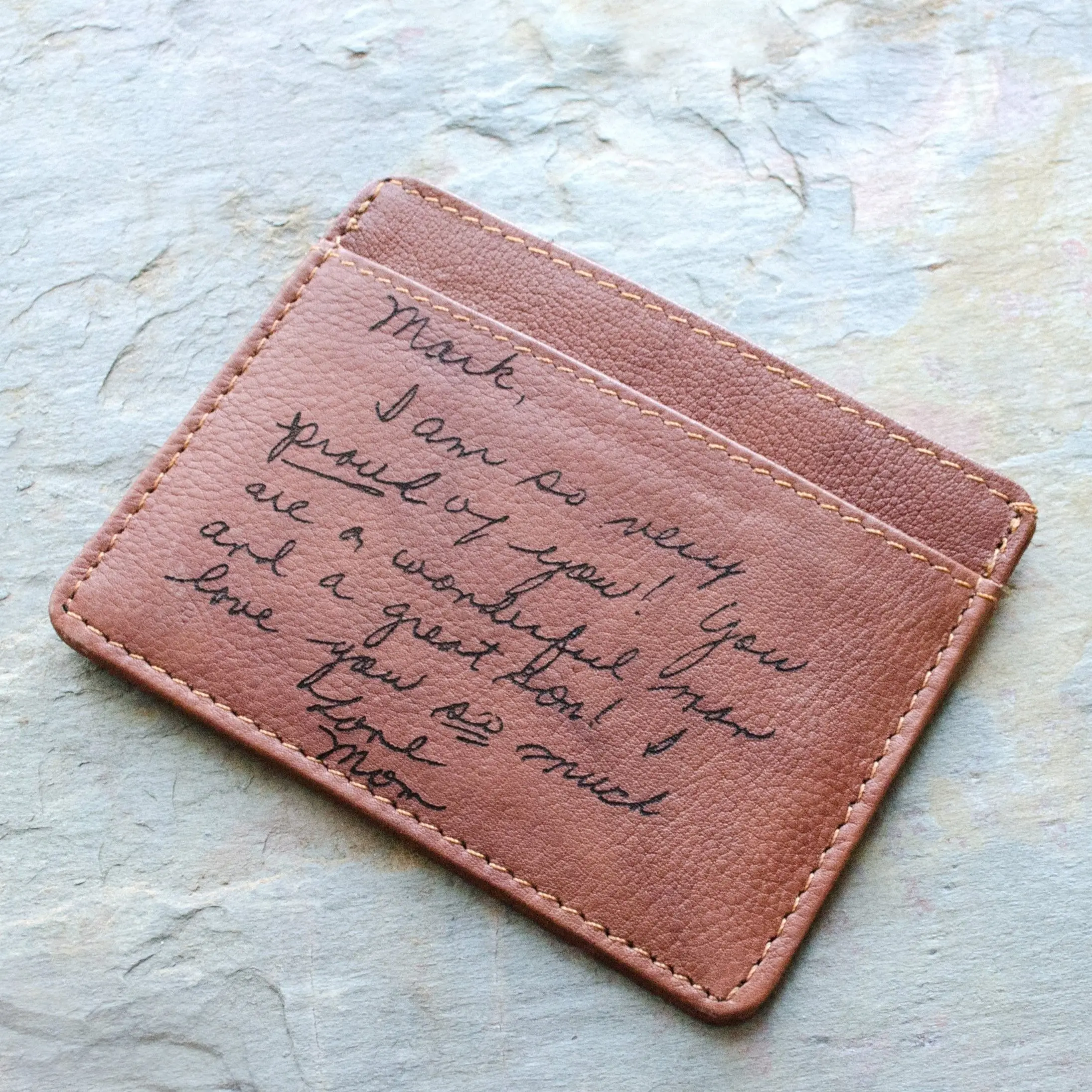 Engraved Slim Leather Cardholder, with Monogram or Handwriting - 3 Pockets, Unisex Custom Engraved Wallet for Him or Her, Name, Initials, Handwriting