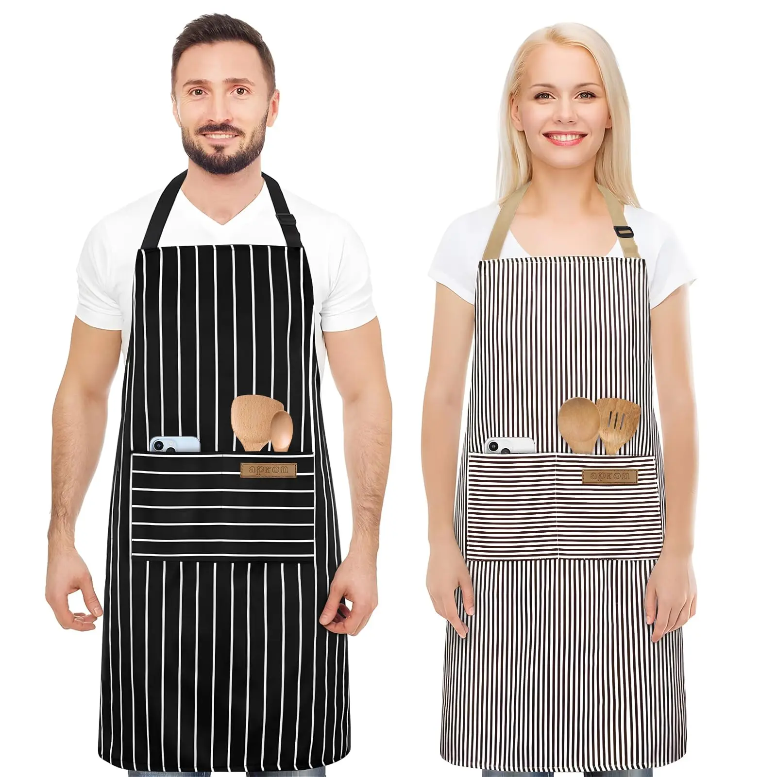 Unisex 2-Pack Pocketed Aprons - Adjustable Strap, High-Density Polyester-Cotton, Soft, Breathable, Oven-Safe, Machine-Washable, Durable, Plus Size, Stripe, Casual, All Seasons, for Couples/Dad, Household Kitchenware Baking Gift, Couples/Unisex
