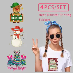 4PCS Christmas Heat Transfer Stickers Set Custom Name Cartoon Reindeer Snowman Tree Patterns DIY Clothing Decoration Iron On Transfers