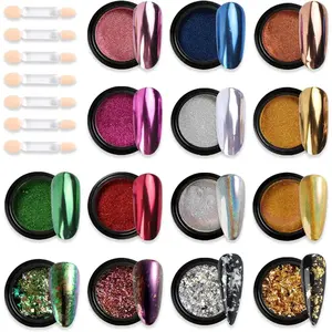 Chrome Nail Powder Set 14 Colors Pink Blue Silver Metallic Effect Mirror Powder for Nails With Brushes Holographic Pigment Chameleon Flakes for Nails Gold Leaf Decoration Nail Supplies